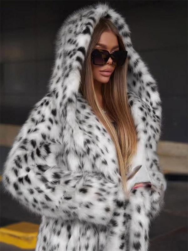 Faux Fur Overcoat Hooded Leopard Print Open Front Women's Outerwear