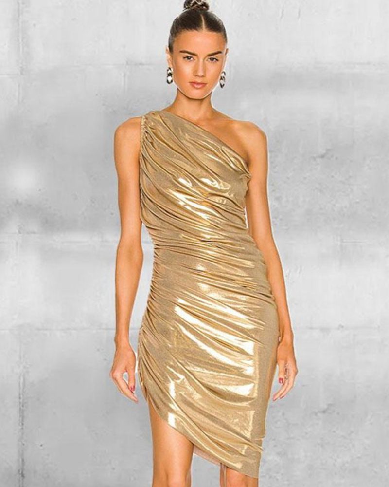 Gold Party Dresses Pleated One-Shoulder Birthday Semi Formal Prom Dress