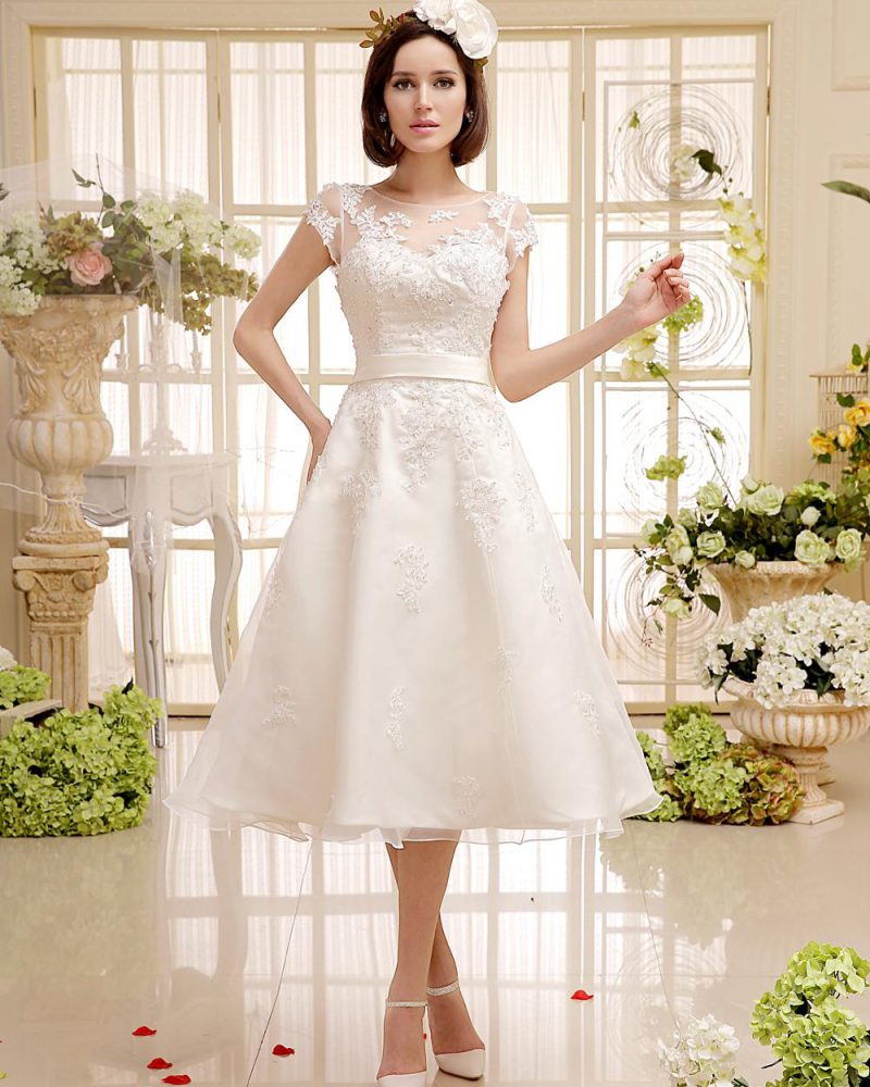 Ivory Lace Up Vintage A Line Tea Length Bridal Short Dress Free Customization