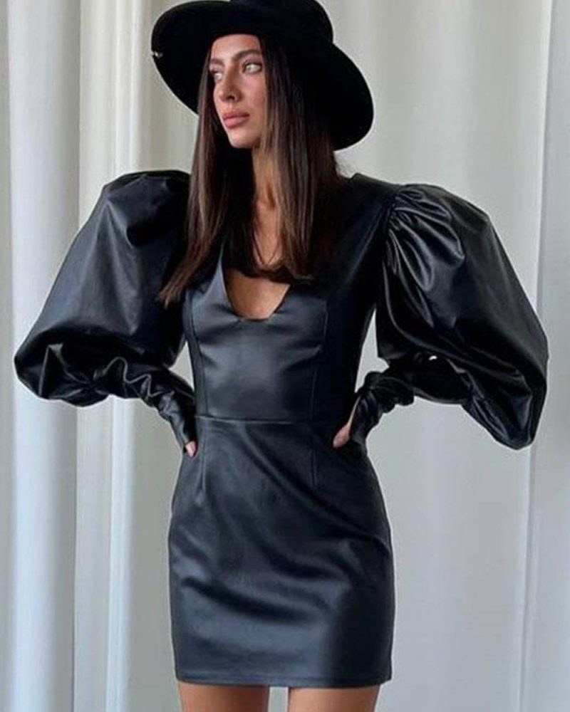 Leather Effect Sheath Puff Sleeves V-Neck Mini Dresses