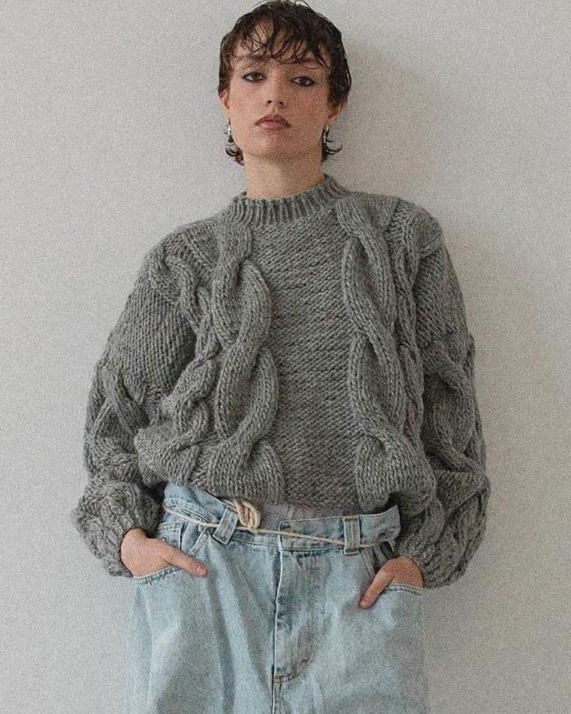 Oversized Cable Knitted Sweater Ribbed Trim Long Sleeves Pullover