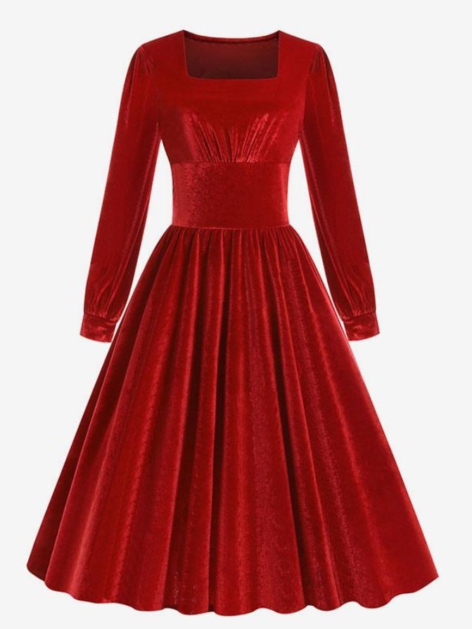 Vintage Dress 1950s Audrey Hepburn Style Black Long Sleeves Square Neck Rockabilly Dress