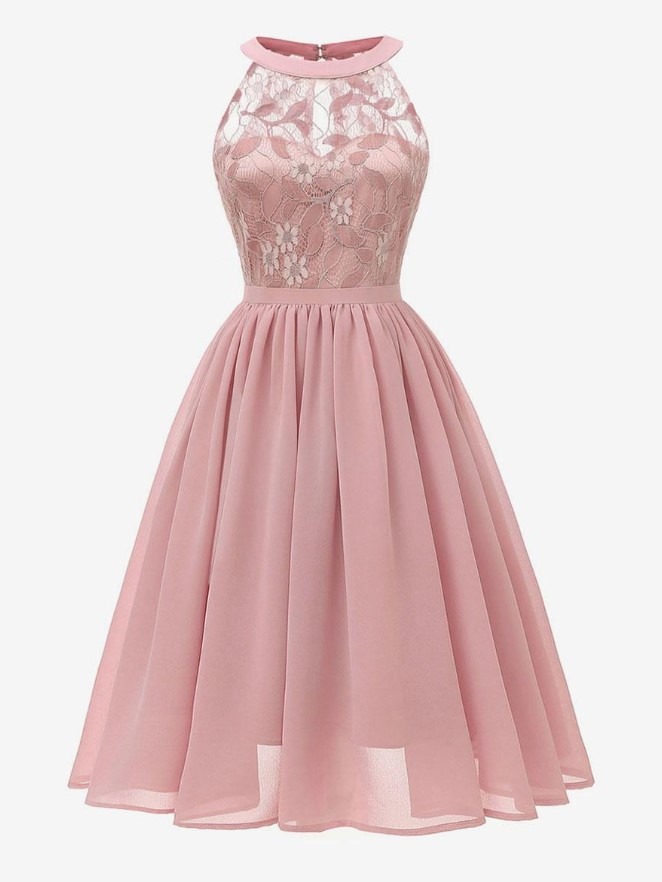 1950s Audrey Hepburn Style Retro Dress Pink Sleeveless Jewel Neck Lace Swing Dress