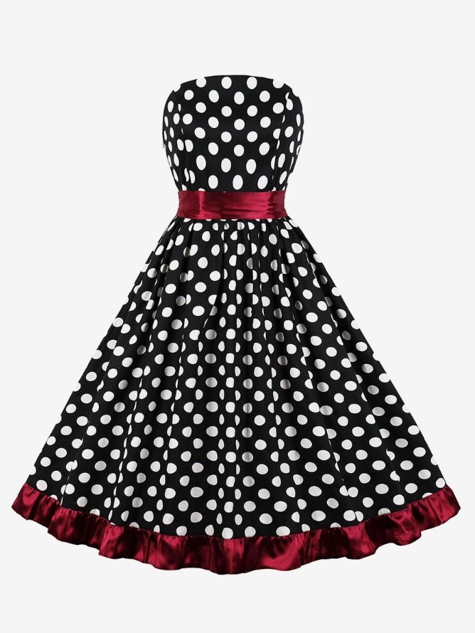 Vintage Dress 1950s Audrey Hepburn Style Black Polka Dot Lace Up Sleeveless Strapless Swing Dress