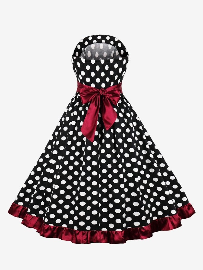 Vintage Dress 1950s Audrey Hepburn Style Black Polka Dot Lace Up Sleeveless Strapless Swing Dress