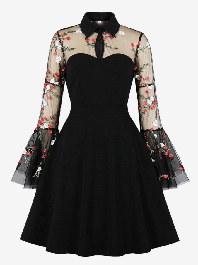 1950s Audrey Hepburn Style Retro Dress Turndown Collar Cut Out Long Sleeves Knee Length Printed Rockabilly Dress