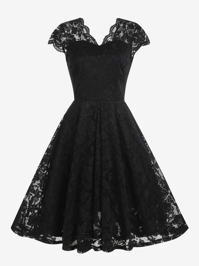 Vintage Dress 1950s Audrey Hepburn Style V-Neck Lace Sleeveless Medium Swing Dress