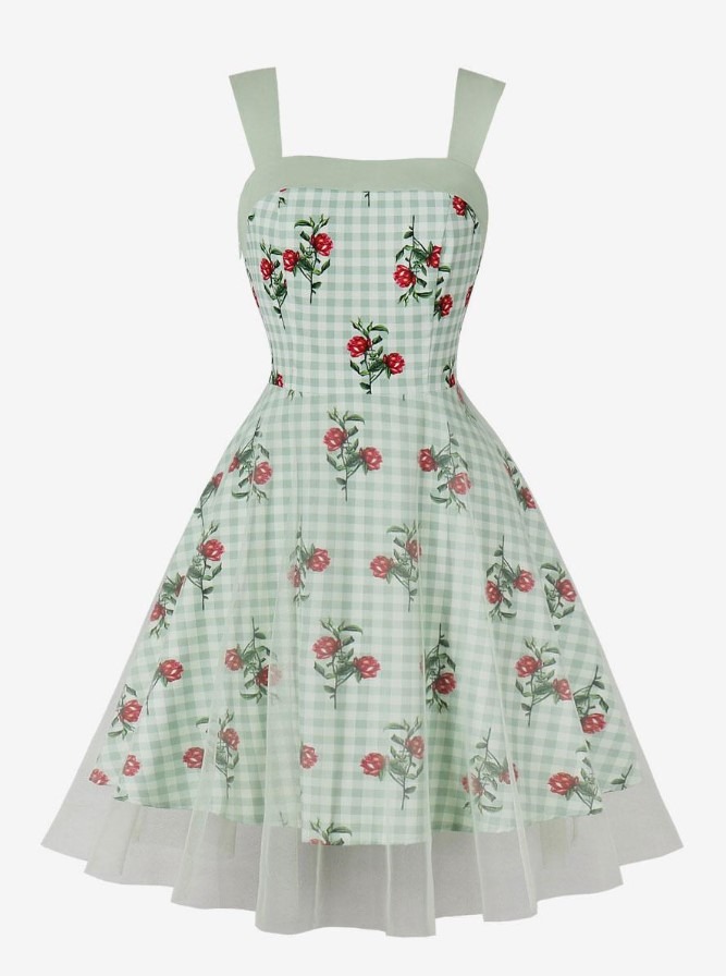 Retro Dress 1950s Audrey Hepburn Style Square Neck Sleeveless Floral Print Knee Length Light Green Swing Dress