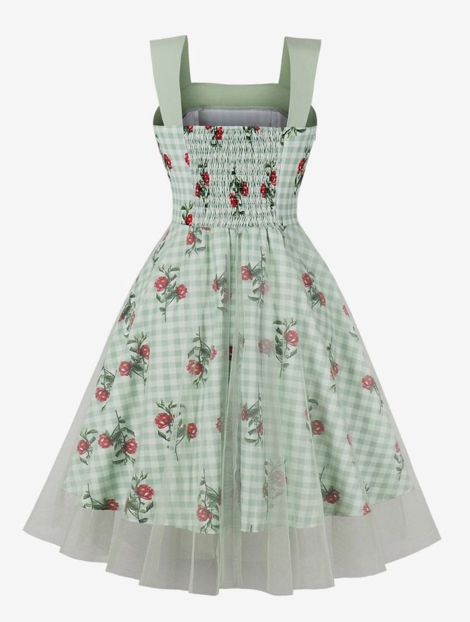 Retro Dress 1950s Audrey Hepburn Style Square Neck Sleeveless Floral Print Knee Length Light Green Swing Dress