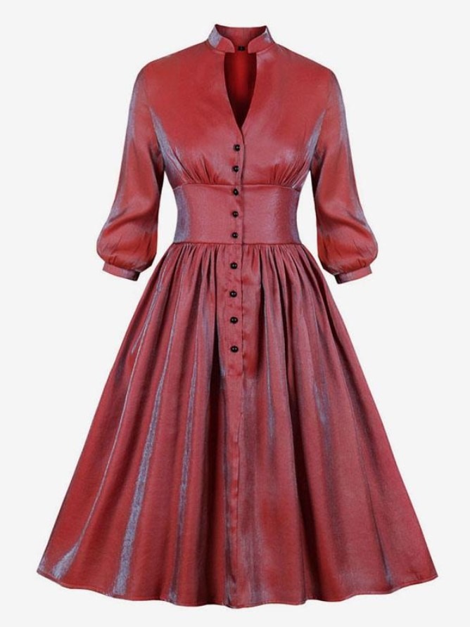 Christmas Retro Dress 1950s Audrey Hepburn Style Red Ombre Long Sleeves V Neck Rockabilly Dress