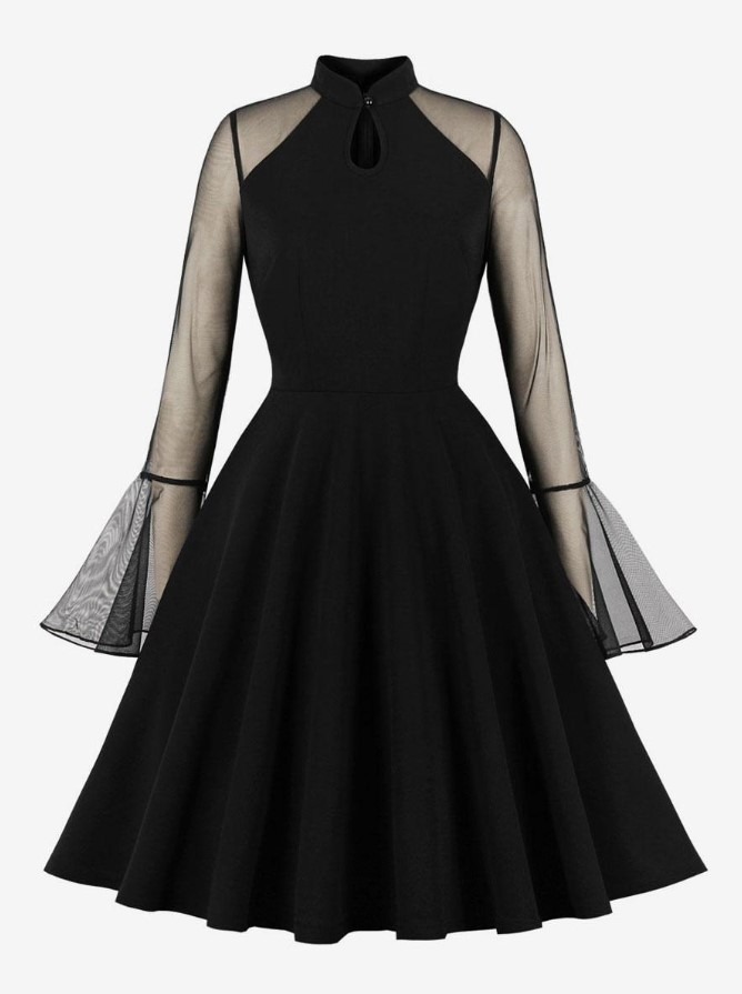 Retro Dress 1950s Audrey Hepburn Style Stand Collar Long Sleeves Knee Length Rockabilly Dress