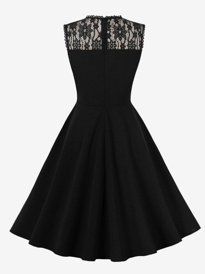 Retro Dress Crewneck Lace 1950s Audrey Hepburn Style Sleeveless Knee Length Black Rockabilly Dress