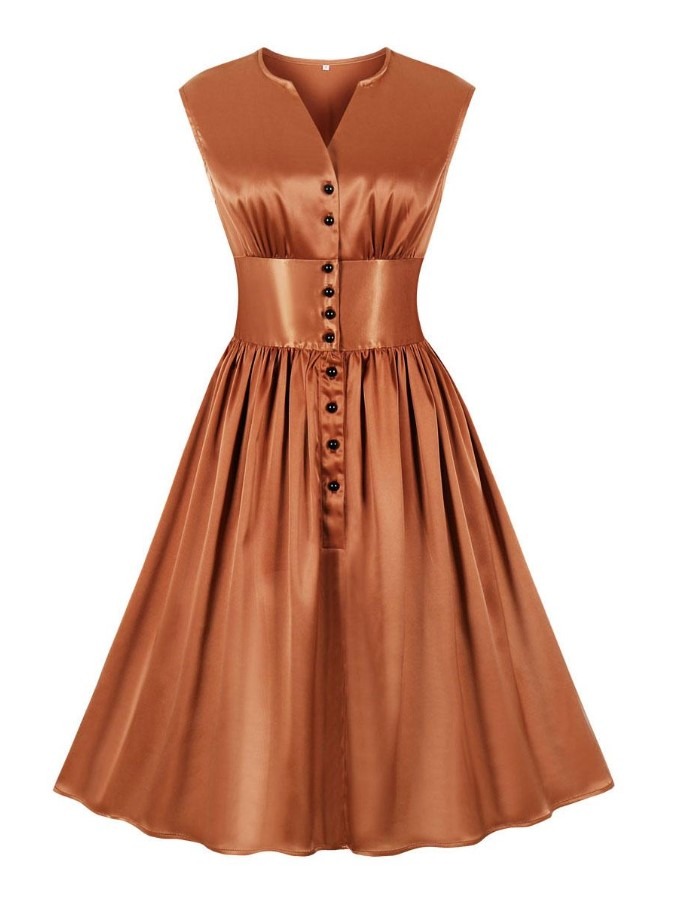 Retro Dress 1950s Audrey Hepburn Style V-Neck Buttons Sleeveless Woman's Knee Length Rockabilly Dress