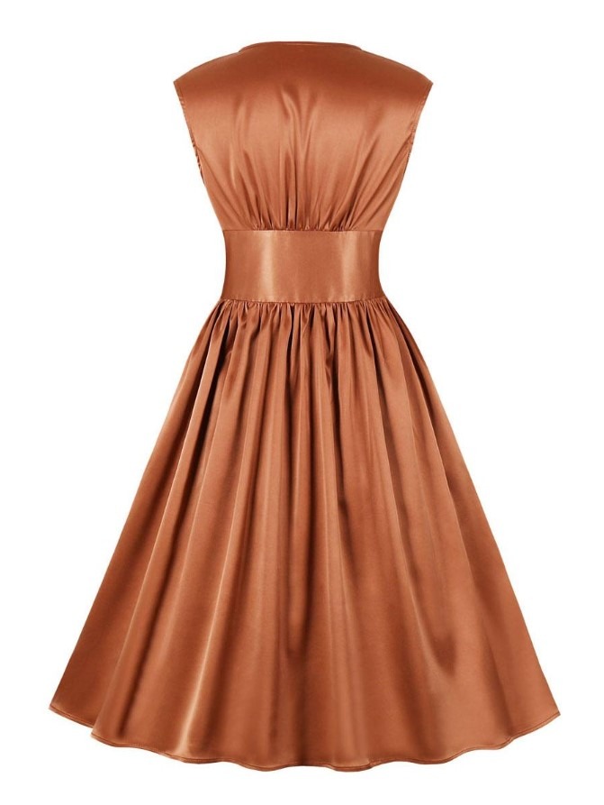 Retro Dress 1950s Audrey Hepburn Style V-Neck Buttons Sleeveless Woman's Knee Length Rockabilly Dress