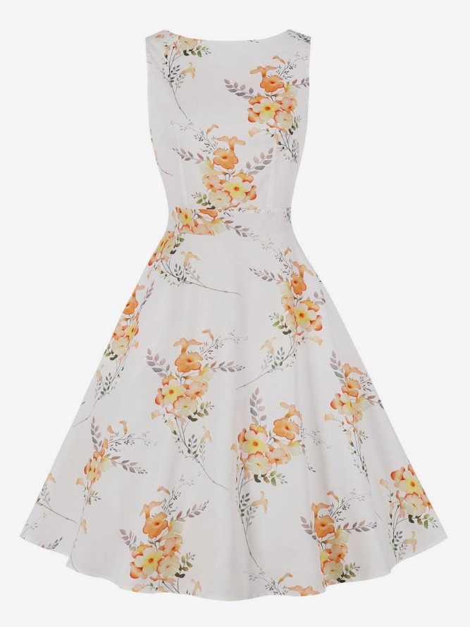 Retro Dress 1950s Audrey Hepburn Style White Floral Print Woman Sleeveless Rockabilly Dress