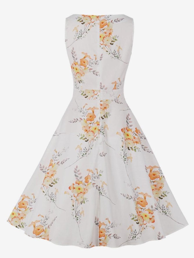 Retro Dress 1950s Audrey Hepburn Style White Floral Print Woman Sleeveless Rockabilly Dress
