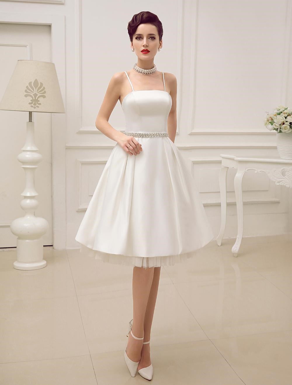 Short Wedding Dress With Pearls At Waist Vintage Spaghetti Straps ...