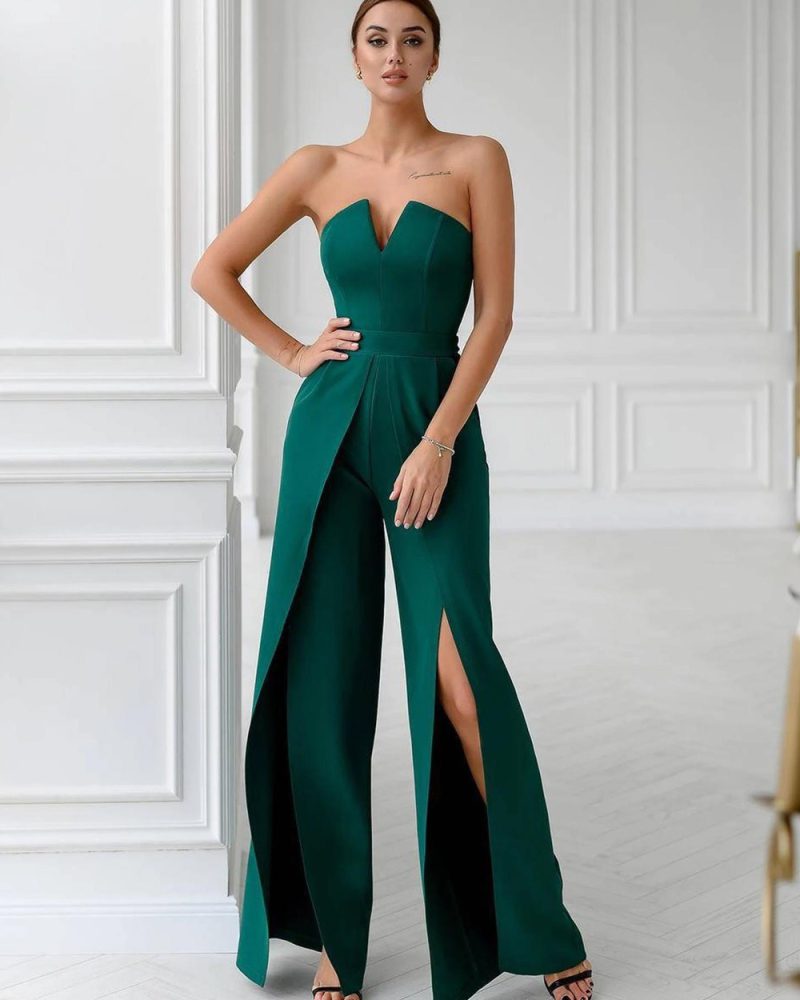 Strapless Sleeveless Split Front Backless Wide Summer One Piece Outfit