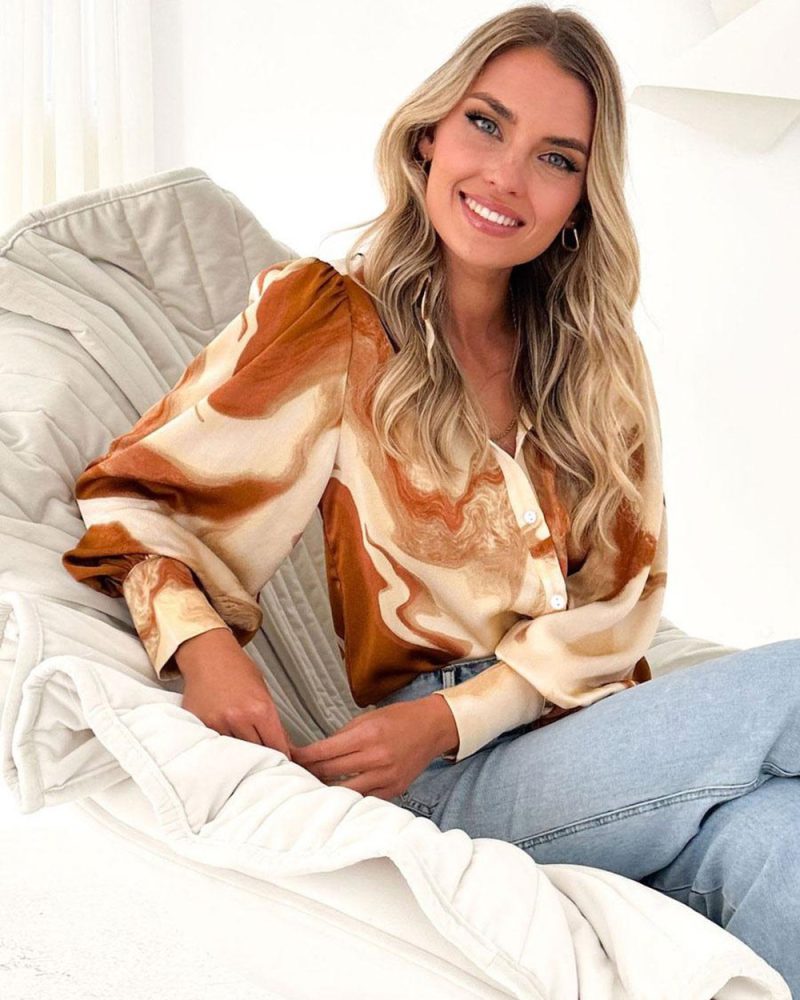 Tie-Dye Shirt Lantern Sleeves Button Up Women's Top For Spring Fall