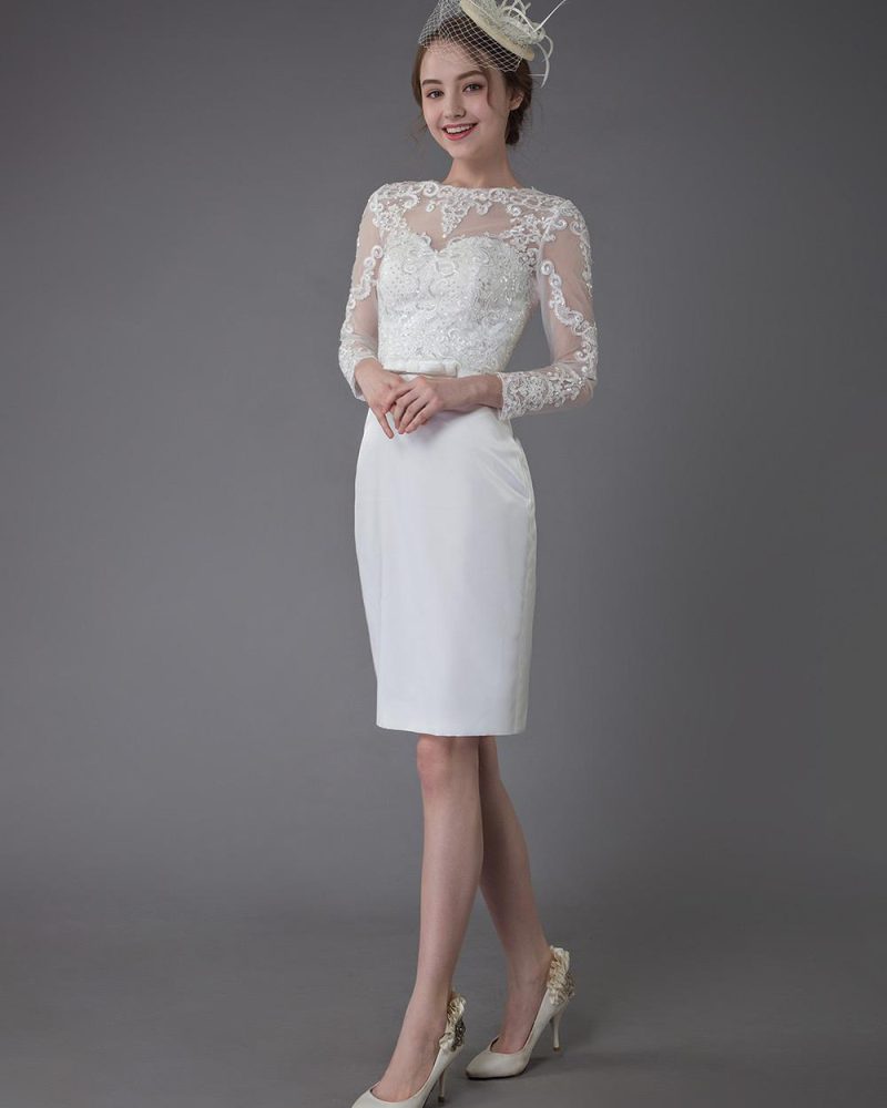 Vintage Wedding Dresses Jewel Long Sleeve Sheath Short Bridal Dress