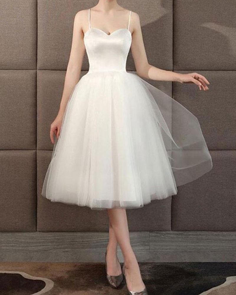 Wedding Dresses Sweetheart Neck Sleeveless A Line Tea Length Short Bridal Dress