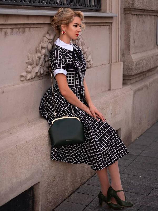 1950s Audrey Hepburn Style Black Vintage Dress Plaid Pattern Short Sleeves Turndown Collar Retro Rockabilly Dress