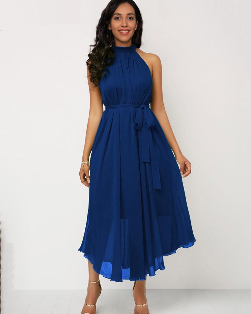 Halter Dress Sleeveless Belted Party Dress In Solid Color