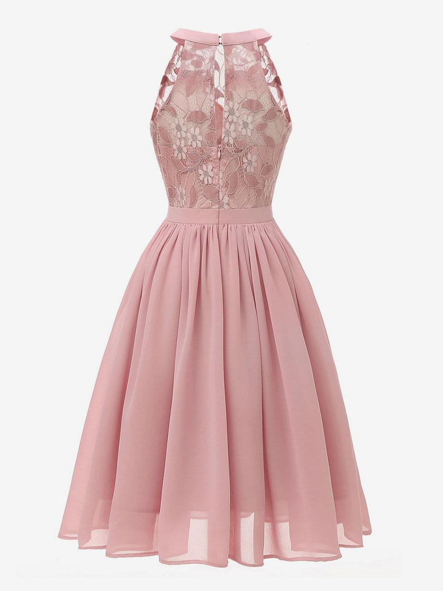 1950s Audrey Hepburn Style Retro Dress Pink Sleeveless Jewel Neck Lace Swing Dress