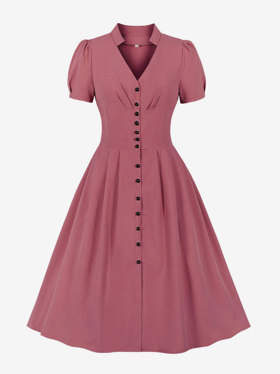 Retro Dress 1950s Audrey Hepburn Style Pink Woman Short Sleeves V-Neck Swing Dress