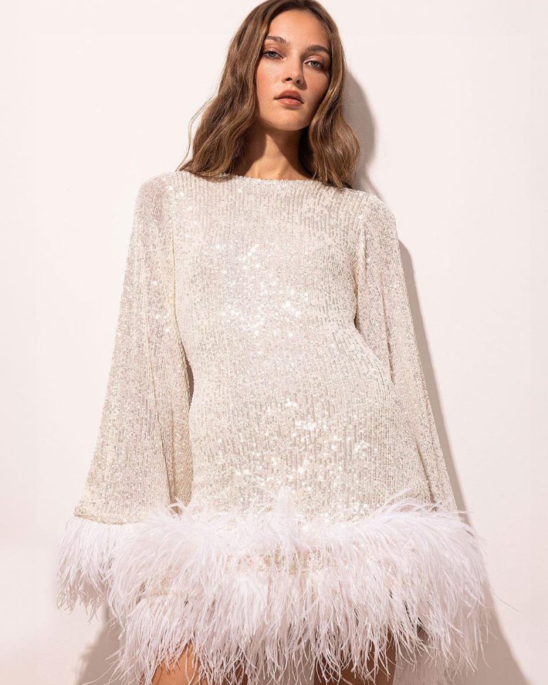 Party Dresses White Jewel Neck Sequins Long Sleeves Backless Semi Formal Dress