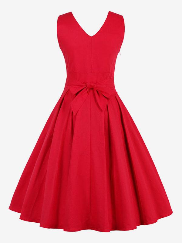Vintage Dresses V-neck Sleeveless Criss-Cross Women's Retro Dress In Red