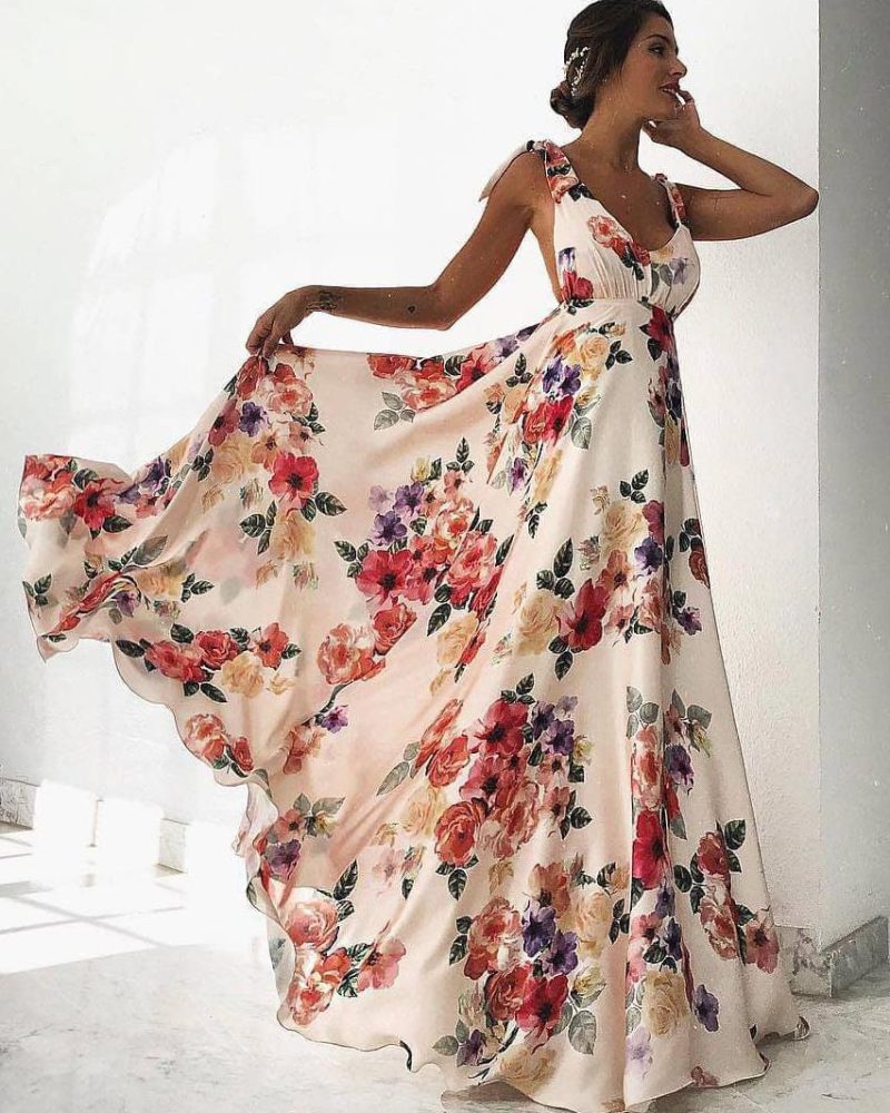 Floral Maxi Dress White V Neck Backless Chiffon Boho Summer Dress