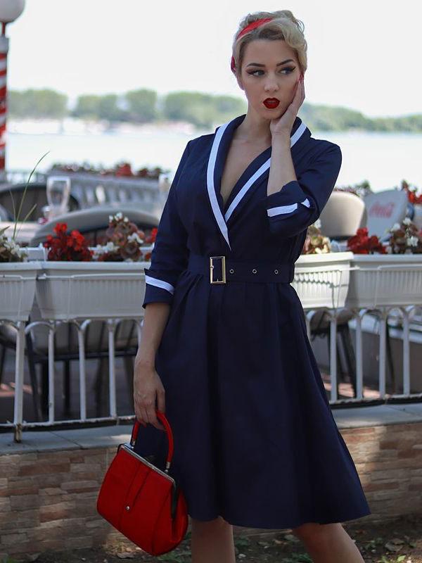 Vintage Dresses 1950s Audrey Hepburn Style Dark Navy Two Tone Belted Long Sleeve V Neck Midi Dress