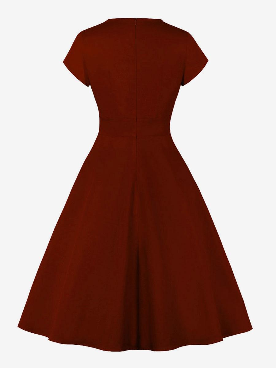 1950s Audrey Hepburn Style Retro Dress Jewel Neck Short Sleeves Midi Rockabilly Dress