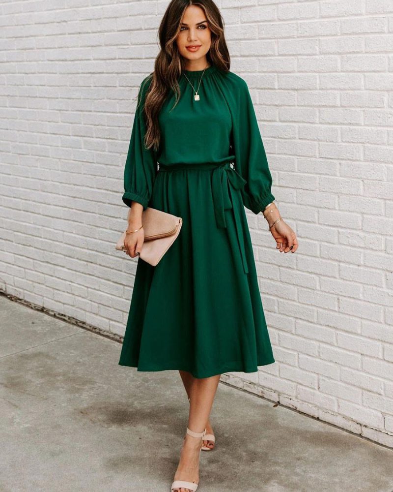 Sash Jewel Neck 3/4 Length Sleeves Midi Dress