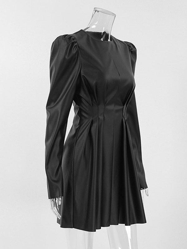Black Midi Dress Puff Sleeves Pleated PU Leather Zipperr Day Dresses