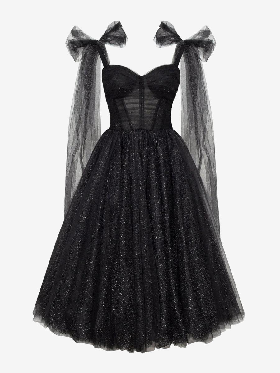 Tulle Midi Dress Flutter Capelet Sleeves Lace-up Back Pleated Party Dresses