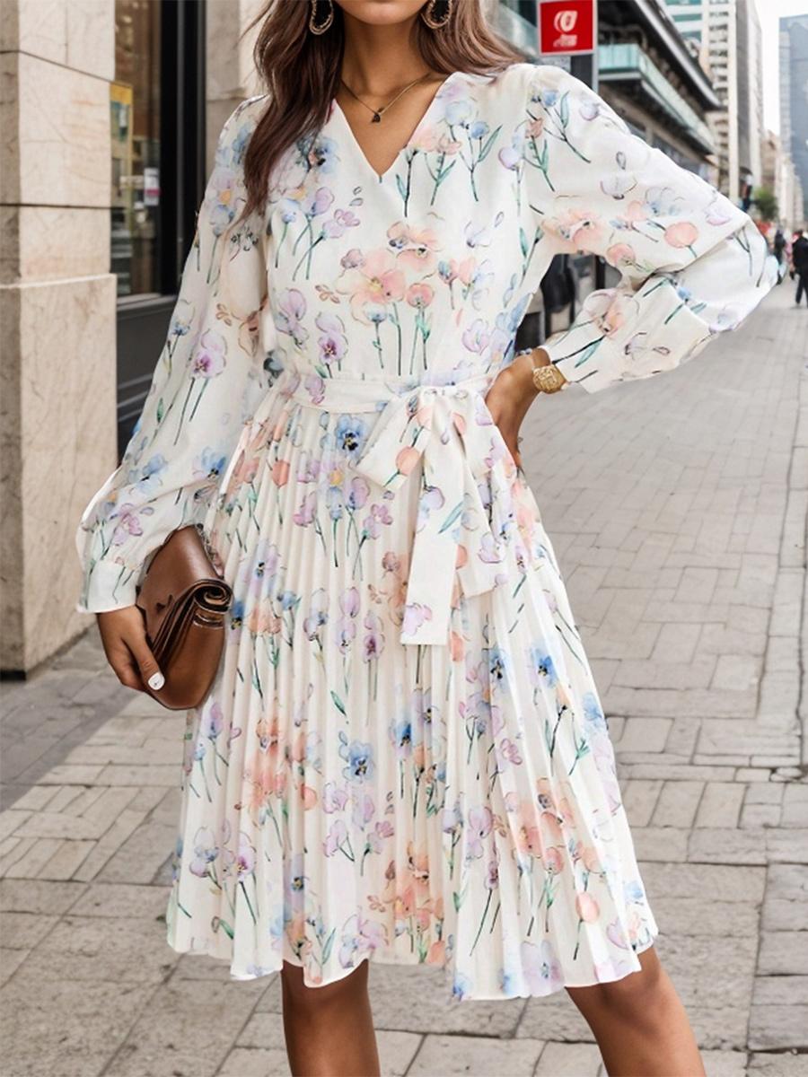 Floral Dress Midi Dress Floral Print Long Sleeves V-Neck Chic Irregular Sash Zipper No Open Seam Knee Length Summer