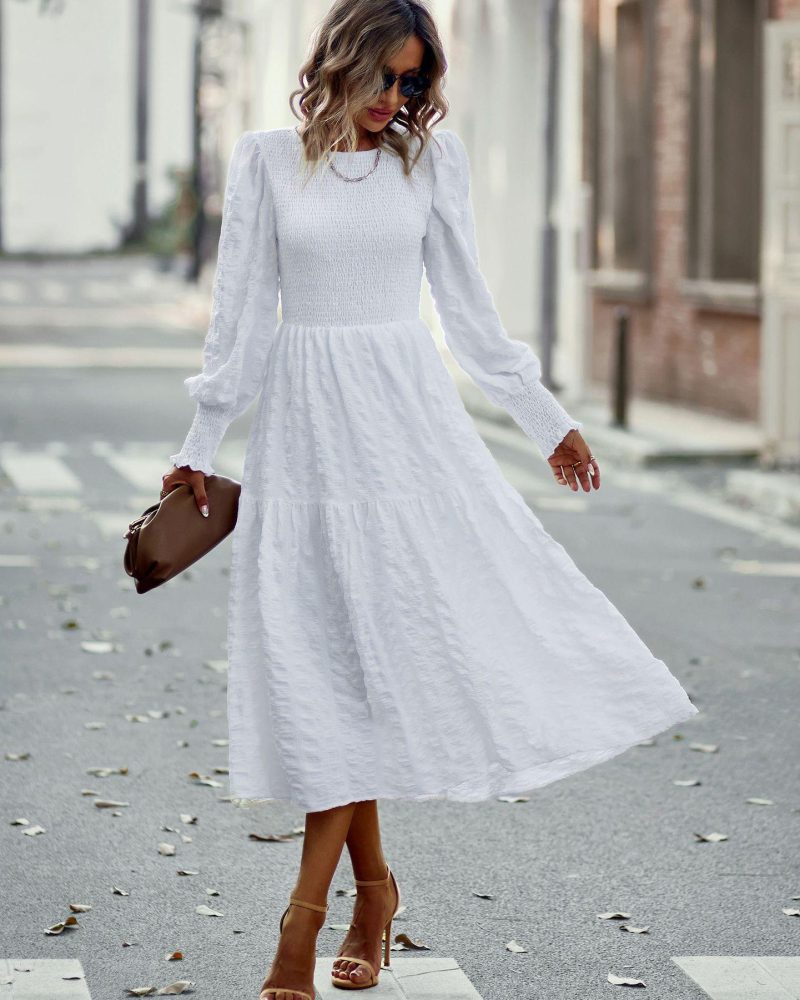 Pleated Midi Dress Lantern Sleeves Cuffs Layering Day Dresses