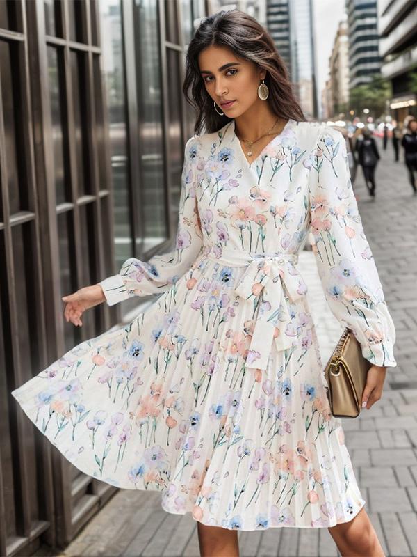 Floral Dress Midi Dress Floral Print Long Sleeves V-Neck Chic Irregular Sash Zipper No Open Seam Knee Length Summer