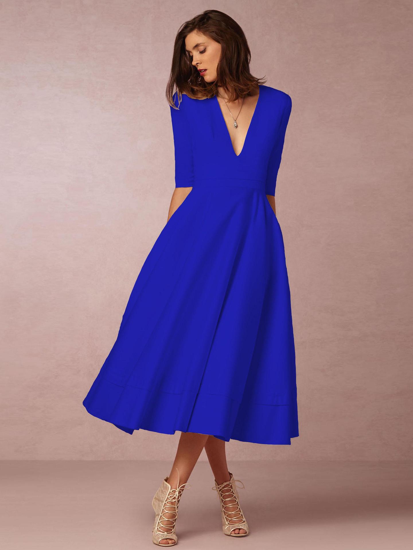 Plunge Midi Dress Half Sleeves Pockets A-Line Prom Dresses
