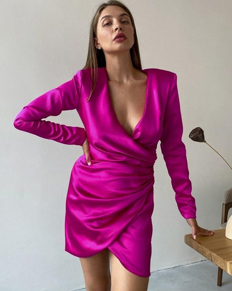 Bodycon Dresses Rose V-Neck Pleated Long Sleeves Pencil Dress