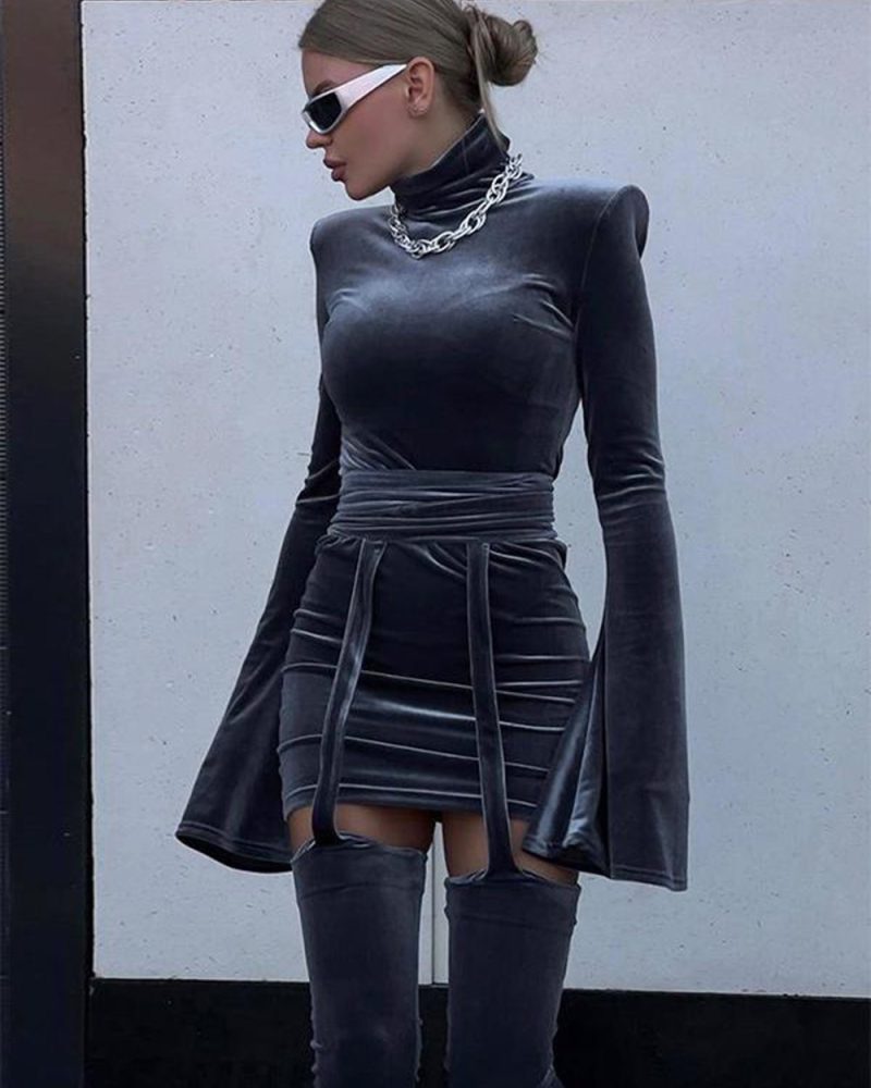 Bodycon Gray Long Sleeves Lace Up High Collar Convertible Midi Dress Sheath Dress