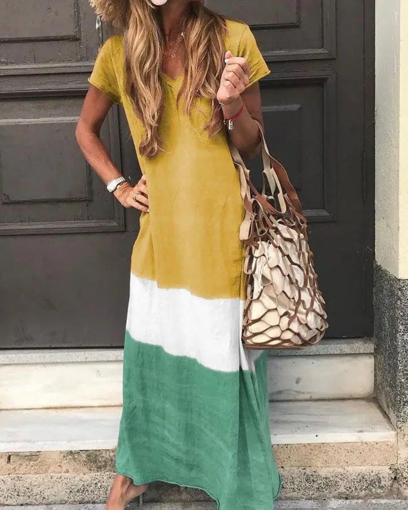 Boho Maxi Dress V Neck Short Sleeve Shirt Dress Vestidos