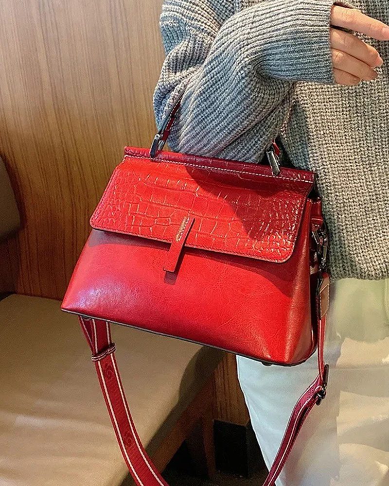 Casual Handbag Oil Wax Leather Crocodile Pattern Fashionable Versatile Single Shoulder Bag