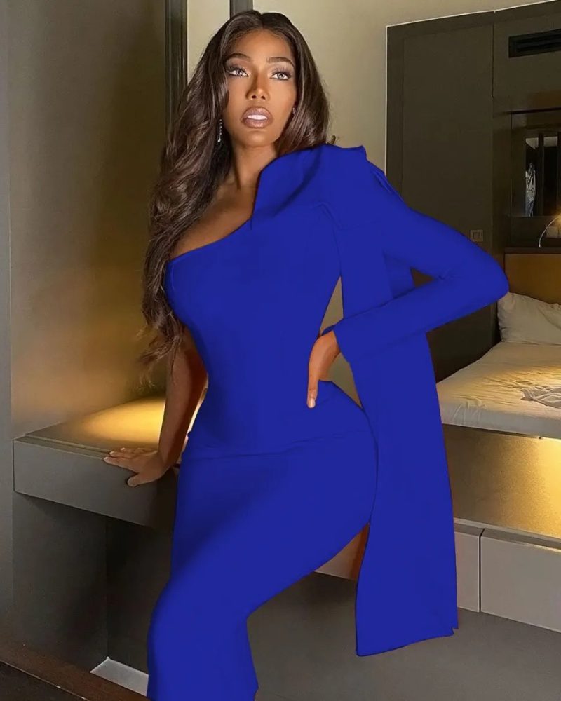 Elegant Celebrity Vintage Vestidos One Shoulder Midi Bodycon Bandage Dress