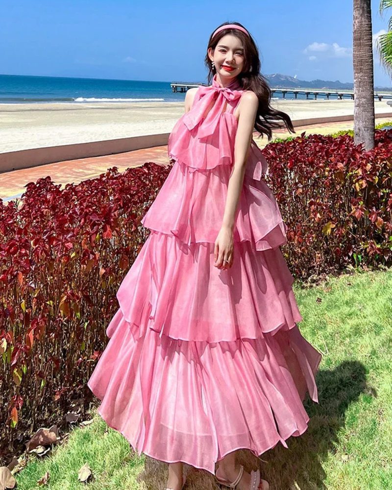 Elegant Spaghetti Strap Flounced Edge High Waist Beach Holiday Party Dresses