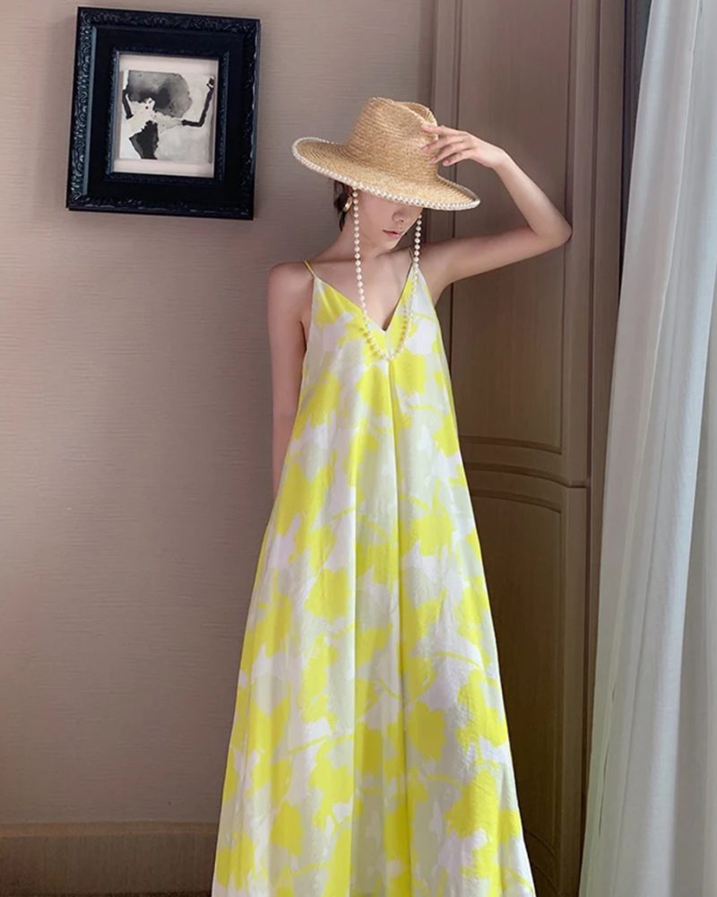 Floral Print Backless Robe Femme Boho Beach Spaghetti Strap Dress