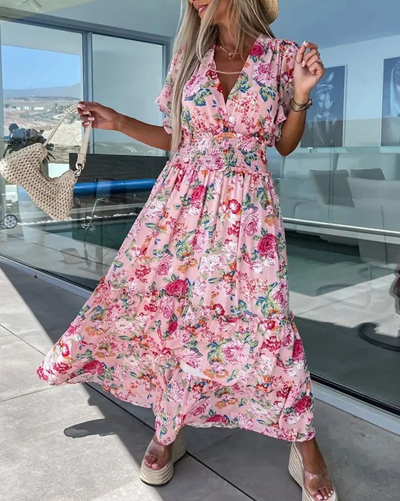 Floral Print Elastic Waist Boho V-Neck Fashion Draped Pleated Long Party Maxi Dress