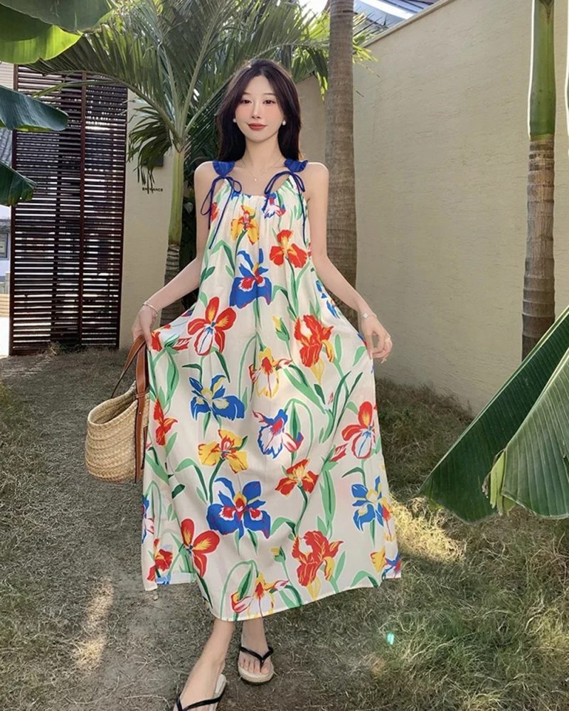Floral Print Vintage Elegant Spaghetti Strap Beach Style Long Boho Dresses
